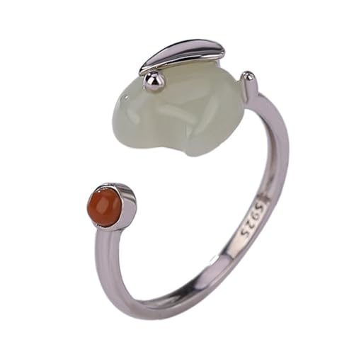 ASCHXUGX S925 Sterling Silber Einstellbar Niedlichen Kaninchen Jade Ring, Mode Damen Edelstein Ring,Silber,7 von ASCHXUGX