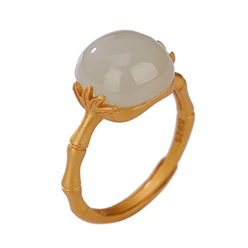 ASCHXUGX S925 Sterling Silber Und Vergoldet Bambus Verstellbare Jade Ring, Modische Damen Edelstein Ring,Gold,9 von ASCHXUGX