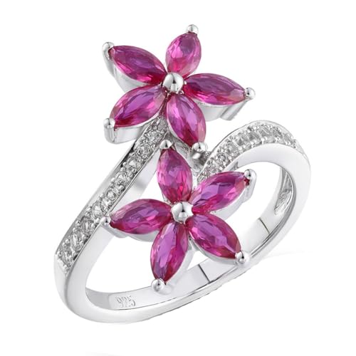 ASCHXUGX Schöne Florale Roten Edelstein Ring in Sterling Silber, Stilvolle S925 Sterling Silber Damen Edelstein Ring,Rot,6 von ASCHXUGX