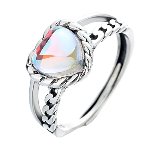ASCHXUGX Sterling Silber Herzförmigen Mondstein Verstellbaren Ring, Stilvolle S925 Sterling Silber Ring Für Frauen,Silber,12 von ASCHXUGX