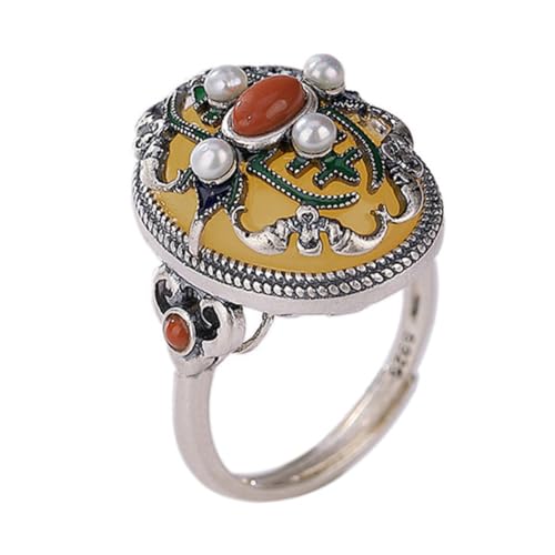 ASCHXUGX Vintage Gericht Stil S925 Sterling Silber Einstellbar Perle Und Jade Ring, Modische Damen Edelstein Ring,Silber,9 von ASCHXUGX