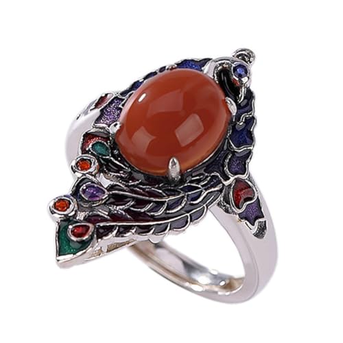 ASCHXUGX Vintage Pfau S925 Sterling Silber Einstellbar Jade Ring, Modische Damen Edelstein Ring,Silber,6 von ASCHXUGX