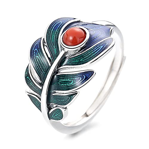 ASCHXUGX Vintage Pfauenfeder Sterling Silber Offener Ring, Stilvolle S925 Sterling Silber Damenring,Silber,10 von ASCHXUGX