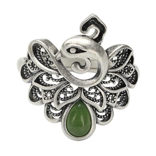 ASCHXUGX Vintage Phoenix S925 Sterling Silber Einstellbar Jade Ring, Modische Damen Edelstein Ring,Silber,7 von ASCHXUGX
