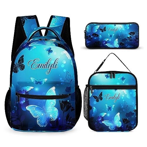 ASD Jewerly 3Pcs Set Personalisierte Name Schmetterling Rucksack Geschenk, Benutzerdefinierte Name Leinwand Große Kapazität Rucksack Mit Mehreren Taschen Für Männer Frauen von ASD Jewerly