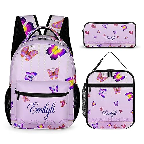 ASD Jewerly 3Pcs Set Personalisierte Name Schmetterling Rucksack Geschenk, Benutzerdefinierte Name Leinwand Große Kapazität Rucksack Mit Mehreren Taschen Für Männer Frauen von ASD Jewerly
