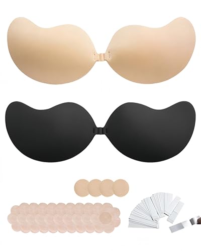 ASDIIT 2-Pack Klebe BH TräGerloser Gel BH Push Up BH 3D Atmungsaktiv Unsichtbar Mit Kontur UnterstüTzung RüCkenfrei Wiederverwendbar Fü Rhochzeit Abendkleid - Schwarz & Nackt von ASDIIT