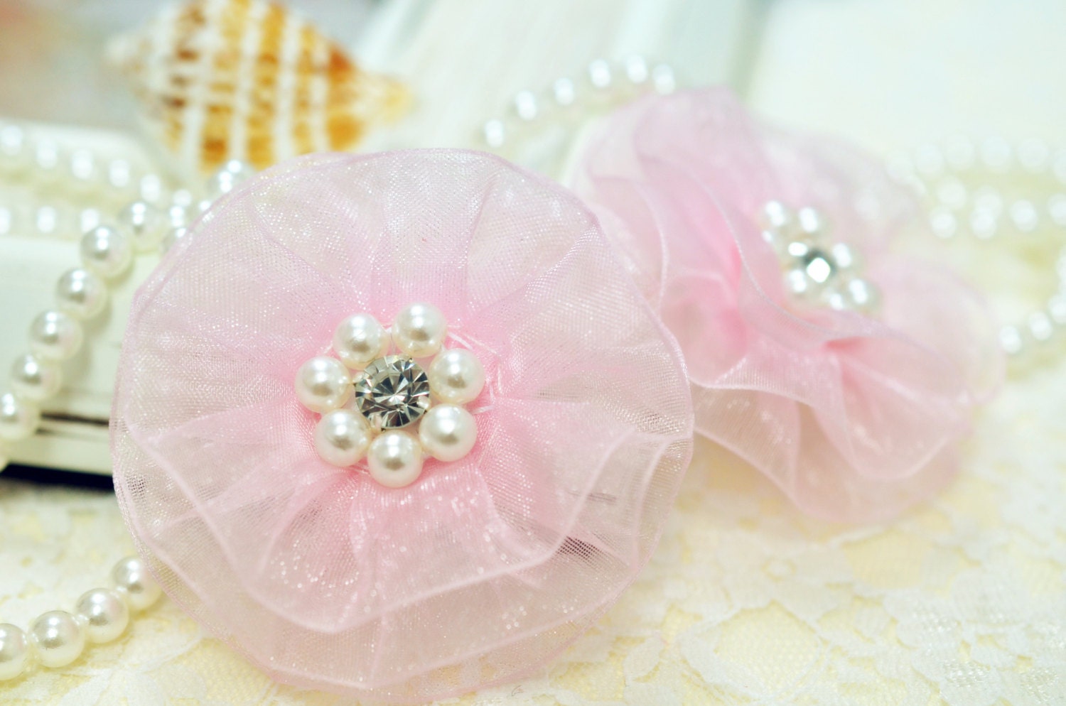 Neu Handgemachte Organza Blume Mit Strass Und PerlenHellrosa | Fb1023 von ASECUSA