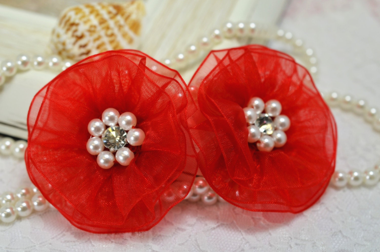 Neu Handgemachte Organzablüte Mit Strass Und Perlen -Rot | Fb1023 von ASECUSA