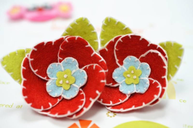 Satz Von 4st Handgefertigte Filz-Blume Mit BlätternTeufel Rot | Ft832 von ASECUSA