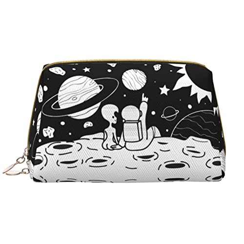 ASEELO Astronaut und Alien Leder Make-up-Tasche, Reise-Kosmetiktasche, Make-up-Tasche, Leder, tragbar, vielseitige Reißverschlusstasche für Frauen, Astronaut und Alien, Einheitsgröße von ASEELO