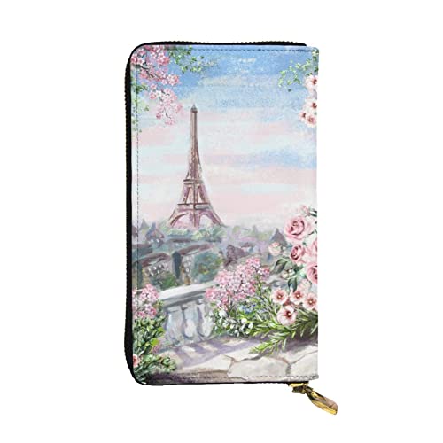 ASEELO Background With Night Butterflies Damen Geldbörse Clutch-Organizer Leder Reißverschluss Kartenetui Geldbörse Mehrfachfächer Geldbörse, Paris Eiffelturm mit Blumen, Einheitsgröße von ASEELO