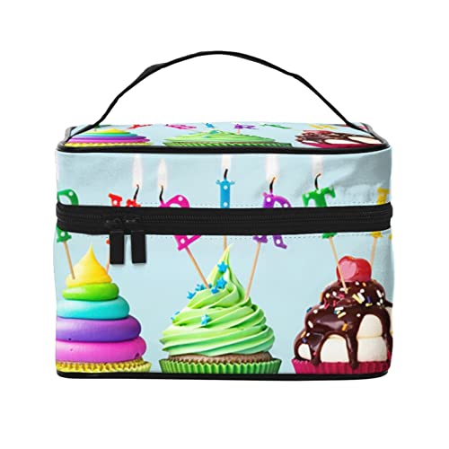 ASEELO Bunte Happy Birthday Cupcakes Make-up-Tasche Make-up-Taschen für Frauen Reise Kosmetiktasche Tragbare Kosmetiktasche Damen Alltagsbedarf Aufbewahrungstasche, Schwarz, Einheitsgröße von ASEELO