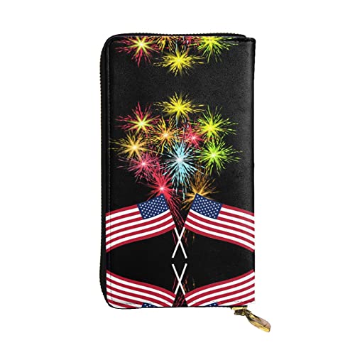 ASEELO Cowboy mit Lasso Silhouette Damen Geldbörse Clutch Organizer Leder Reißverschluss Kartenetui Geldbörse Mehrfachfächer Geldbörse, Unabhängigkeitstag Amerika-Flagge Feuerwerk, Einheitsgröße von ASEELO