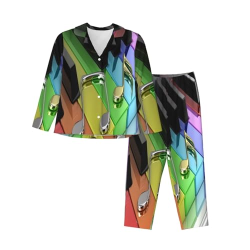 ASEELO Damen Langarm Pyjama Set Schnee fallen im Park Langarm Oberteil und Hose Pyjama Bequem und Atmungsaktiv Nachtwäsche Pjs, Klavierschlüssel, 42 von ASEELO