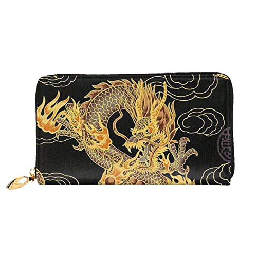 ASEELO Gelber Drache Schwarzer Hintergrund Geldbörsen Herren Leder Geldbörsen Lange Clutch Geldbörsen Geschenke für Väter, Ehemänner, Freunde, Schwarz, Einheitsgröße von ASEELO