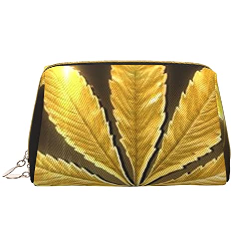 ASEELO Goldene Cannabis-Leder-Make-up-Tasche, Reise-Kosmetiktasche, Make-up-Tasche, Leder, tragbar, vielseitig, Reißverschluss-Tasche für Damen, Golden Cannabis, Einheitsgröße von ASEELO