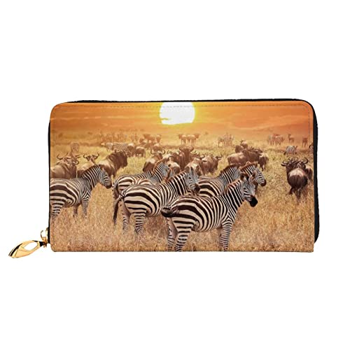 ASEELO Grünes und weißes Blatt bedruckte Herren und Damen Leder Handheld Geldbörse, geeignet für den Alltag, Africa Sunset Zebra, Einheitsgröße von ASEELO