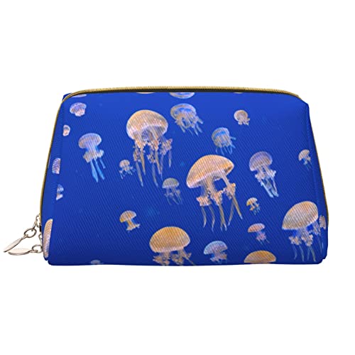 ASEELO Jellyfish Leder-Make-up-Tasche, Reise-Kosmetiktasche, Make-up-Tasche, Leder, tragbar, vielseitig, Reißverschluss-Tasche für Damen, quallendesign, Einheitsgröße von ASEELO