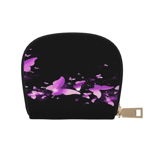 ASEELO Kreditkartenetui Blumenmuster Leder Shell Kartenhalter Geldbörse für Damen oder Herren mit Reißverschluss, Schmetterling lila, Leather Shell Card Bag von ASEELO