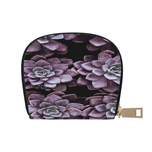 ASEELO Kreditkartenetui Blumenmuster Leder Shell Kartenhalter Geldbörse für Damen oder Herren mit Reißverschluss, Violette Pflanzen, Leather Shell Card Bag von ASEELO