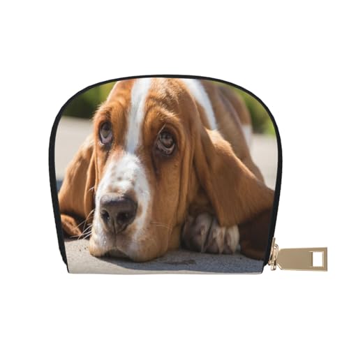 ASEELO Kreditkartenetui Bunte Streifen Leder Shell Kartenhalter Brieftasche für Damen oder Herren mit Reißverschluss, Basset Hound, Leather Shell Card Bag von ASEELO