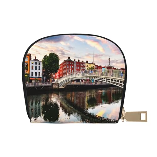 ASEELO Kreditkartenetui Bunte Streifen Leder Shell Kartenhalter Brieftasche für Damen oder Herren mit Reißverschluss, Dublin Irland Ha Penny Bridge River, Leather Shell Card Bag von ASEELO