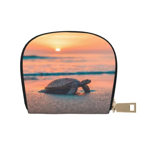 ASEELO Kreditkartenetui Bunte Streifen Leder Shell Kartenhalter Brieftasche für Damen oder Herren mit Reißverschluss, Meeresschildkröte Sonnenuntergang, Leather Shell Card Bag von ASEELO