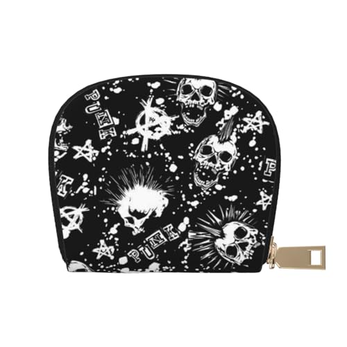 ASEELO Kreditkartenetui Bunte Streifen Leder Shell Kartenhalter Brieftasche für Damen oder Herren mit Reißverschluss, Weißer Punk-Totenkopf, Leather Shell Card Bag von ASEELO