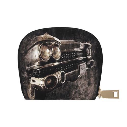 ASEELO Kreditkartenetui Dark Hedges Nordirland Leder Shell Kartenhalter Brieftasche für Damen oder Herren mit Reißverschluss, American Car in braun, Leather Shell Card Bag von ASEELO