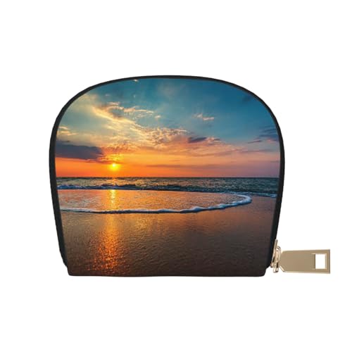 ASEELO Kreditkartenetui Dark Hedges Nordirland Leder Shell Kartenhalter Brieftasche für Damen oder Herren mit Reißverschluss, Beach Wave Sonnenuntergang, Leather Shell Card Bag von ASEELO