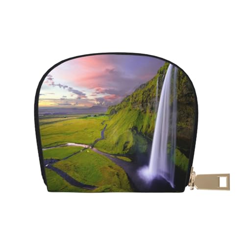 ASEELO Kreditkartenetui Erde und Mond Leder Shell Kartenhalter Brieftasche für Damen oder Herren mit Reißverschluss, Himmel und Wasserfall Landschaft, Leather Shell Card Bag von ASEELO