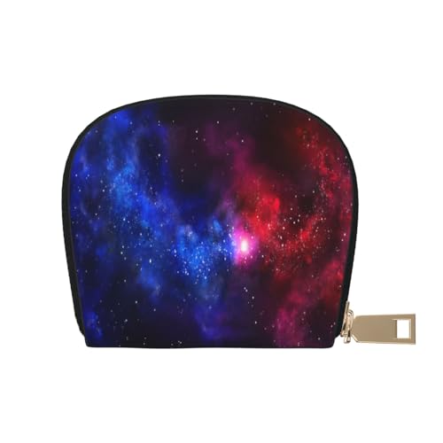 ASEELO Kreditkartenetui Erde und Mond Leder Shell Kartenhalter Brieftasche für Damen oder Herren mit Reißverschluss, Rot-blaue Galaxie, Leather Shell Card Bag von ASEELO