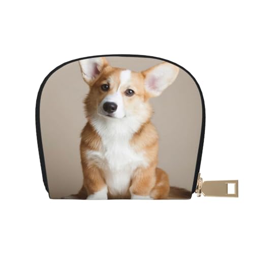 ASEELO Kreditkartenetui Flamingo Vogel Runde Blätter Leder Shell Kartenhalter Geldbörse für Damen oder Herren mit Reißverschluss, Corgi Dog-beige, Leather Shell Card Bag von ASEELO