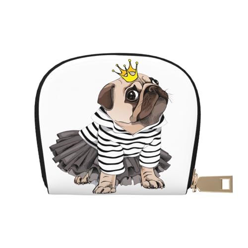 ASEELO Kreditkartenetui Flamingo Vogel Runde Blätter Leder Shell Kartenhalter Geldbörse für Damen oder Herren mit Reißverschluss, Niedlicher Mops-Hund, Leather Shell Card Bag von ASEELO