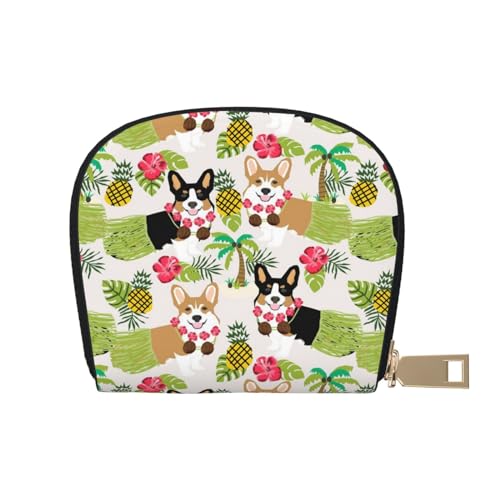 ASEELO Kreditkartenetui Flamingo Vogel Runde Blätter Leder Shell Kartenhalter Geldbörse für Damen oder Herren mit Reißverschluss, Tropische Blume und Corgi, Leather Shell Card Bag von ASEELO