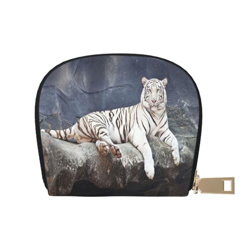 ASEELO Kreditkartenetui Giraffen Familie Leder Shell Kartenhalter Geldbörse für Damen oder Herren mit Reißverschluss, Albino Tiger sitzt auf Felstier, Leather Shell Card Bag von ASEELO