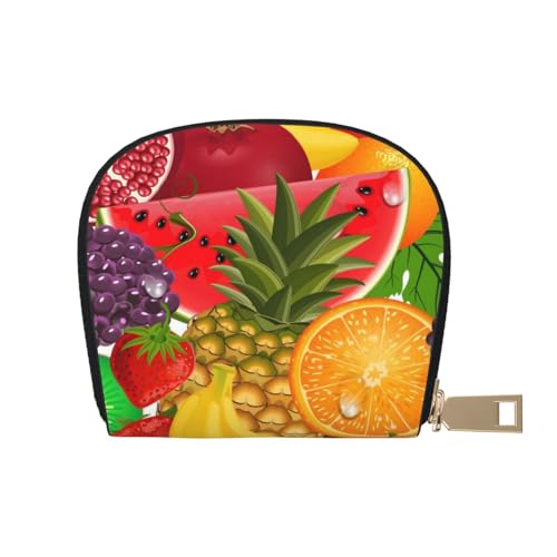 ASEELO Kreditkartenetui Giraffen Familie Leder Shell Kartenhalter Geldbörse für Damen oder Herren mit Reißverschluss, Frische saftige Früchte Ananas Beeren Wassermelone Traube Orange, Leather Shell von ASEELO