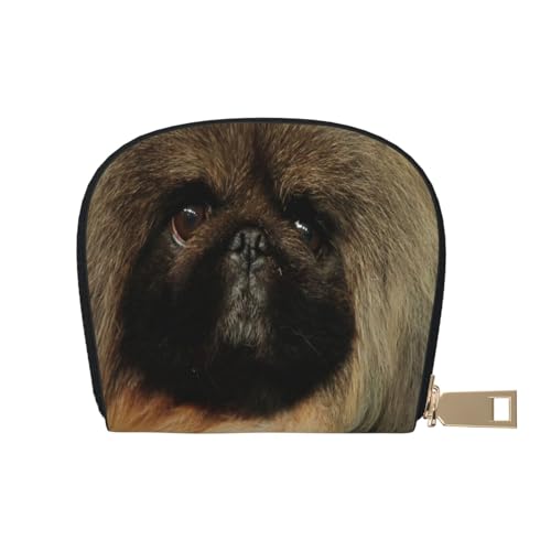 ASEELO Kreditkartenetui Romantischer Strand Leder Shell Kartenhalter Geldbörse für Damen oder Herren mit Reißverschluss, Niedlicher Pekinese, Leather Shell Card Bag von ASEELO