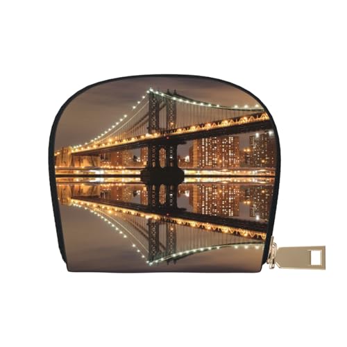 ASEELO Kreditkartenetui Rosen Hintergrund Leder Shell Kartenhalter Brieftasche für Damen oder Herren mit Reißverschluss, New York Manhattan Bridge Night, Leather Shell Card Bag von ASEELO