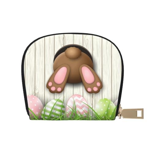 ASEELO Kreditkartenetui Schwarz und Weiß Leder Shell Kartenhalter Brieftasche für Damen oder Herren mit Reißverschluss, Osterhase Holzloch, Leather Shell Card Bag von ASEELO