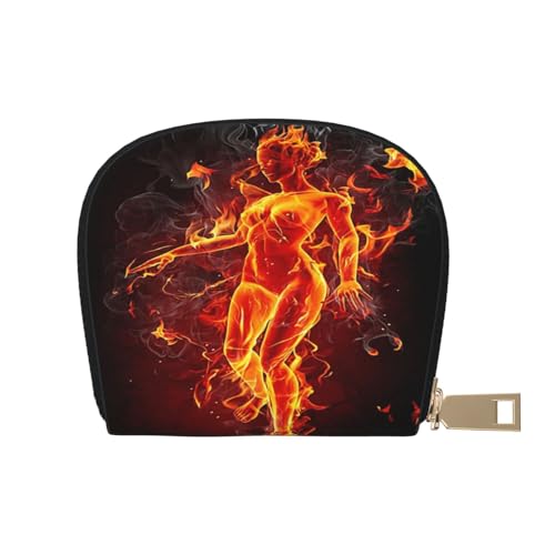 ASEELO Kreditkartenetui Seestern mit Palmen Leder Shell Kartenhalter Geldbörse für Damen oder Herren mit Reißverschluss, Fire Nackte Frau Flamme, Leather Shell Card Bag von ASEELO