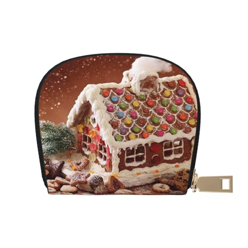 ASEELO Kreditkartenetui Seestern mit Palmen Leder Shell Kartenhalter Geldbörse für Damen oder Herren mit Reißverschluss, Weihnachtliches Lebkuchen-Dorfhaus, Leather Shell Card Bag von ASEELO