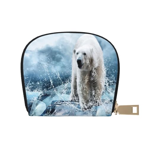 ASEELO Kreditkartenetui Seestern und Muschel Muster Leder Shell Kartenhalter Geldbörse für Damen oder Herren mit Reißverschluss, Cool Animal White Eisbär, Leather Shell Card Bag von ASEELO