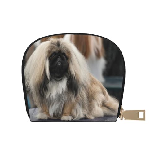 ASEELO Kreditkartenetui Seestern und Muschel Muster Leder Shell Kartenhalter Geldbörse für Damen oder Herren mit Reißverschluss, Pekingese Hund, Leather Shell Card Bag von ASEELO