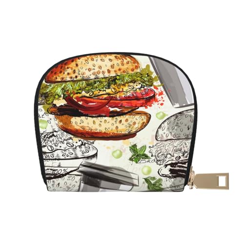 ASEELO Kreditkartenetui Sonnenblume Moutain Leder Shell Kartenhalter Geldbörse für Damen oder Herren mit Reißverschluss, Funny Food Hamburger und Tassen, Leather Shell Card Bag von ASEELO