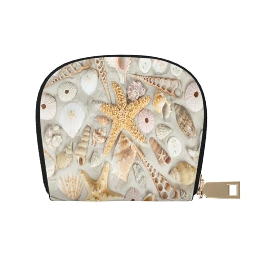 ASEELO Kreditkartenetui Sonnenuntergänge Seepferde Leder Shell Kartenhalter Geldbörse für Damen oder Herren mit Reißverschluss, Seestern Muschel Sandy Beach, Leather Shell Card Bag von ASEELO