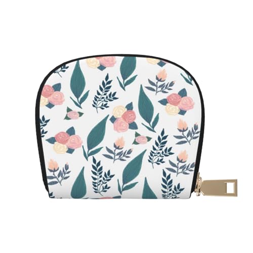 ASEELO Kreditkartenetui Sonnenuntergänge Seepferde Leder Shell Kartenhalter Geldbörse für Damen oder Herren mit Reißverschluss, rosa blume, Leather Shell Card Bag von ASEELO