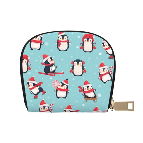 ASEELO Kreditkartenetui am Meer Golfplatz Leder Shell Kartenhalter Geldbörse für Damen oder Herren mit Reißverschluss, Weihnachts-Pinguine, Leather Shell Card Bag von ASEELO