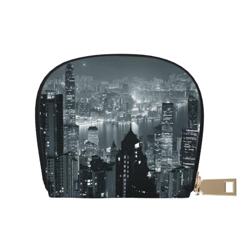 ASEELO Kreditkartenetui mit niedlichem Mops-Motiv, Leder, Kartenhalter, Geldbörse für Damen oder Herren, mit Reißverschluss, Aerial Night of View Hong Kong, Leather Shell Card Bag von ASEELO